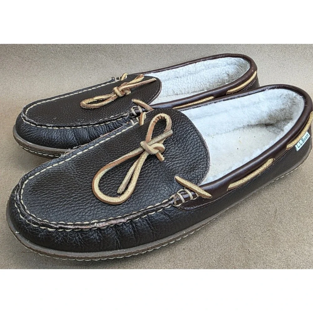 LL Bean Moccasin (Sz 10 M) Slipper Mens Brown Bow Slip On Loafer Leather 212984